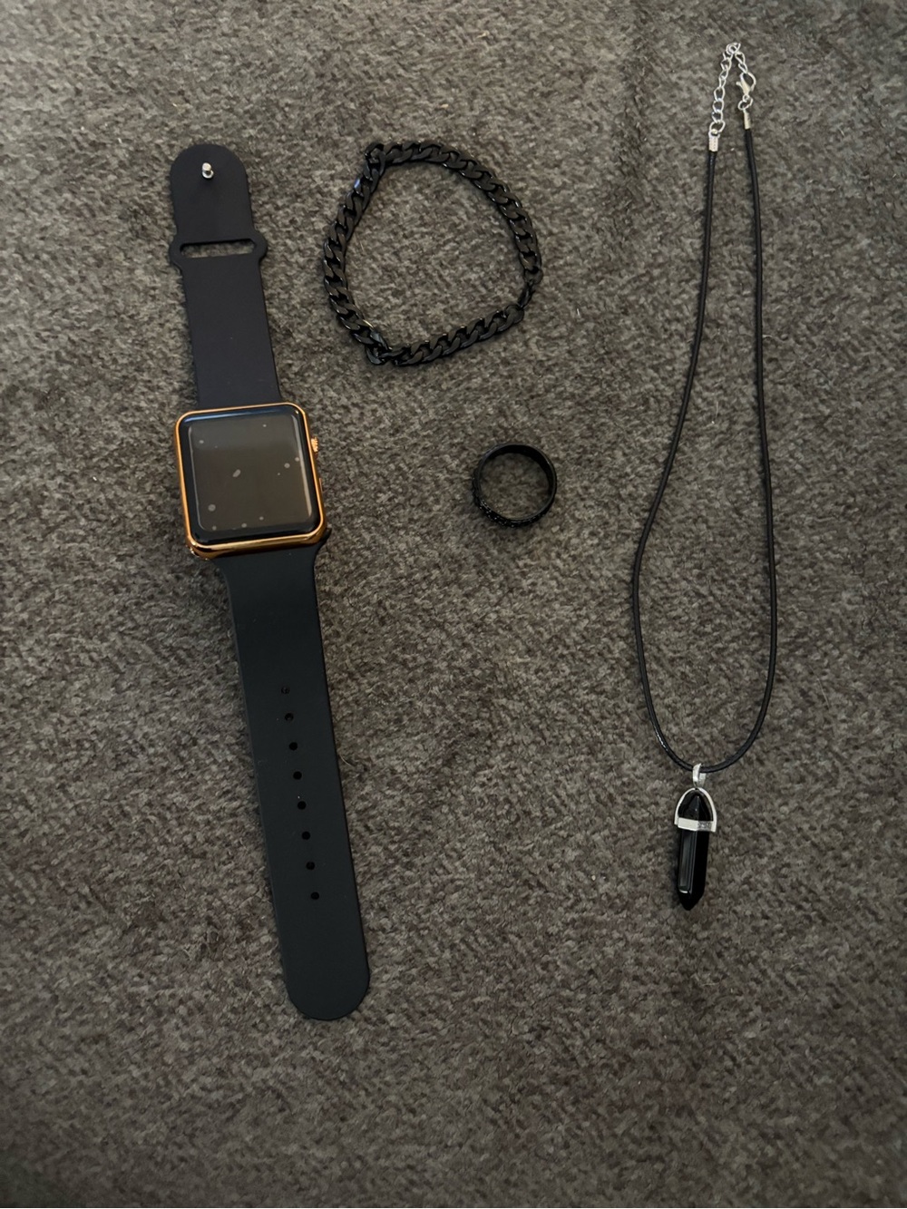 Black Gold Men’s Watch, Chain Bracelet, Ring Necklace All Black No Markings New